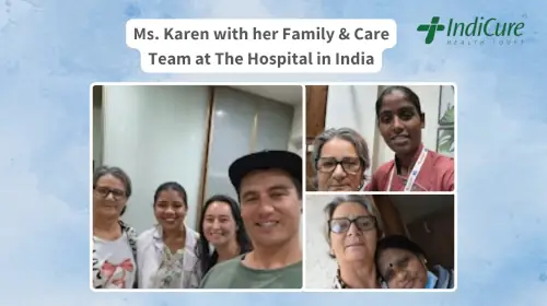 Ms. Karen, a patient from New Zealand, poses with her compassionate care team at the IndiCure associated hospital in India Ms. Karen, a patient from New Zealand, poses with her compassionate care team at the IndiCure associated hospital in India